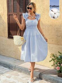 SHEIN Frenchy 女士度假条纹荷叶边拼接下摆休闲中长连衣裙 - 藍白色 - 查看 7