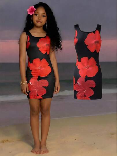Sparklyn Teenage Girls' Casual Vacation Style Red & Black Tropical Floral Print Square Neck Backless Mini Dress, Suitable For Summer Vacation, Island Travel, Beach Wear, Bohemian Style, Ideal For Fashionable Outings, Retro Style Summer Dress