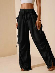 Vesra Women's Solid Color Side Ruched Drawstring Pocket Pants Vacation Black Summer Boho Casual - Black - View 3
