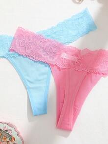 SHEIN 3pcs/Set Seamless Lace Patchwork Panties - Multicolor - View 4