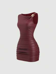 SHEIN PETITE Đầm ngắn ôm sát không tay, màu trơn, trang trí kim loại, xếp ly, dành cho nữ. - Màu Đỏ Sâu - Xem 3