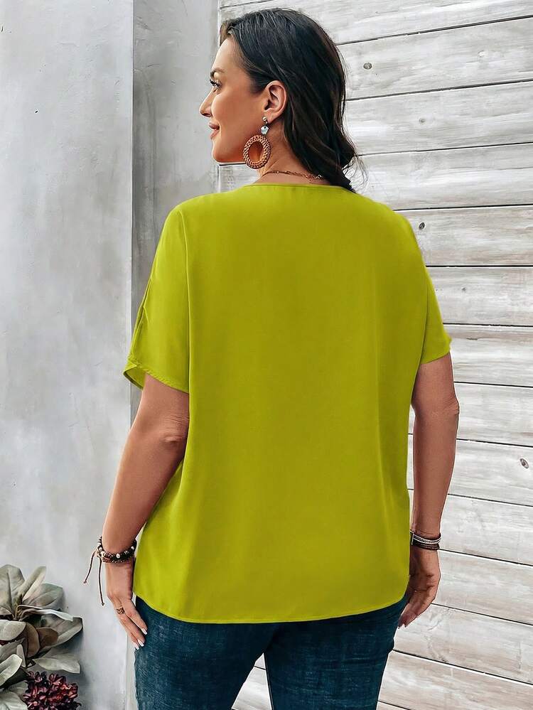 Plus Size Women's Orange Button Embellished Short Sleeve Shirt For Spring