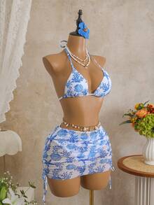 Bellisia Bộ bikini 3 mảnh gợi cảm họa tiết da báo, cổ yếm, cúp ngực tam giác, chất liệu lưới, buộc dây bên hông, dành cho nữ, thích hợp cho kỳ nghỉ. - Xanh và trắng - Xem 4