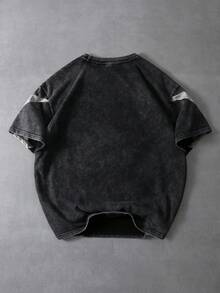 Manfinity Roghcode Vintage Streetwear Men's Dark Grey Short Sleeve T-Shirt,Knitted Round Neck Oversized Tee,Retro Distressed Fleece,Autumn City Break Casual Streetstyle - Black - View 2