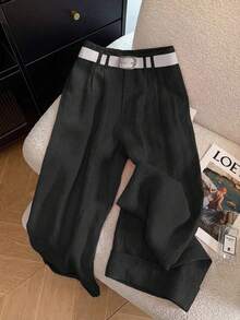 GlowEve Quần ống rộng dáng suông màu hồng xếp ly dành cho nữ, thiết kế giả khuy cài, gấu quần xắn lên, kiểu dáng thanh lịch, chuyên nghiệp, phù hợp cho giáo viên, học sinh, đi nghỉ mát, mặc thường ngày, xu hướng thời trang mới mùa xuân/hè. - màu đen - Xem 4