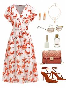 Ellevyn Red Floral Print Front Tie Cinched Waist Romantic Elegant Dress - Red - View 1