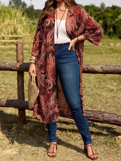 EMERY ROSE Plus Size Women's Summer Casual Vacation Country Cashew Print Floral Print All Print Loose Long Lightweight Cardigan Kimono Thin Jacket,Spring/Summer,Summer\Vacation,Summer Holiday,Spring Break Outfits ,Vacation Outfits Women ,Holiday Outfits For Women,Going Out Outfits,2026 New Clothes,Simple And Fashionable For Everyday Wear,Suitable For Summer, Vacation, Daily Wear,Suitable For Summer, Vacation, Daily Wear,Country Concert Outfit ,Chiffon Kimono Thin Jacket,Boho Kimono, Summer Cardigan, Chiffon Print Cover Up,Suitable For Summer, Vacation