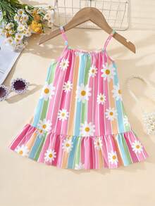 1件适合4-7岁女孩的甜美活力/清新假日风彩虹条纹+雏菊印花无袖连衣裙，轻盈活泼，吸睛十足，适合日常穿着、上学、生日派对、野餐、儿童节、春夏秋季等场合。 - 彩色 - 查看 7