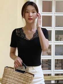 DAZY Women's Solid Color Mesh Patchwork Fitted Short Sleeve T-Shirt, Spring/Summer - Black - View 4