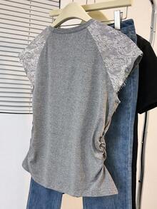Resyla Women's Contrast Lace Round Neck Cap Sleeve Casual T-Shirt - Grey - View 2