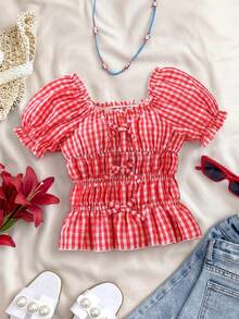 Blusa/camisa de estilo BM con cuello cuadrado, mangas abullonadas, lazo y estampado de cuadros, en estilo francés campestre, para niñas preadolescentes, para primavera/verano - Azul - Ver 1