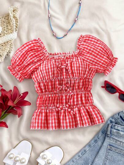 少女甜美度假乡村法式可爱方领泡泡袖蝴蝶结格子BM风格衬衫，春夏款