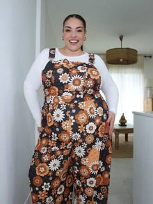 Pretty and Ole Plus Size Autumn/Winter Floral Print Elastic Waist Criss-Cross Jumpsuit, Elegant For Vacation, Date, Party And Casual Wear - Multicolor - View 4