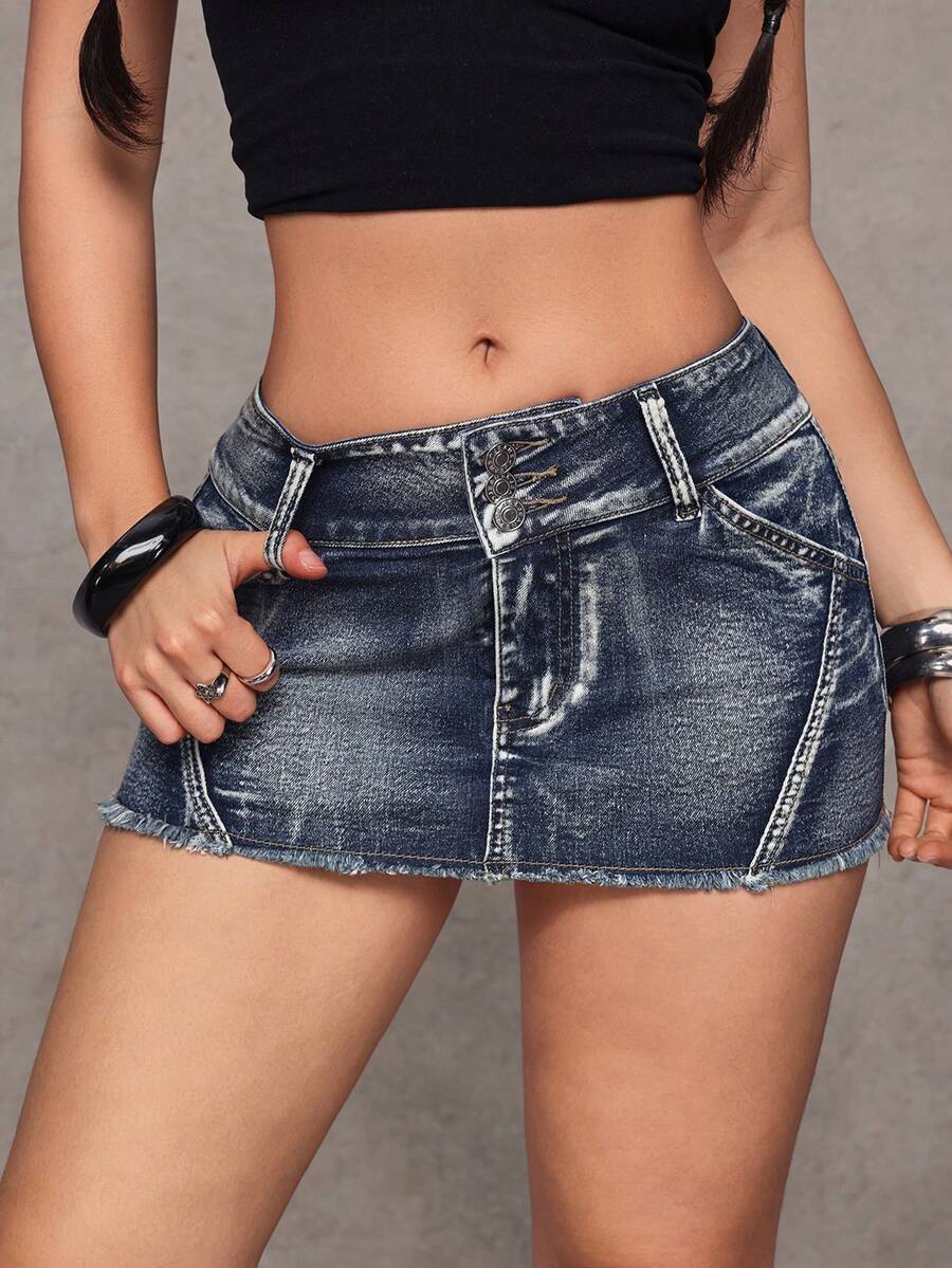 SHEIN Jeanoir Y2K Women's Sexy Low-Waist Mini Denim Skirt, Summer - Medium Wash - View 1