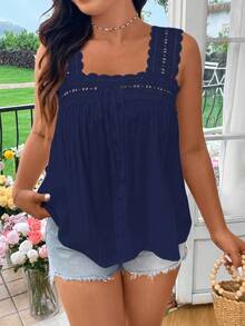 Flirla Plus Size Summer Casual Solid Color Contrast Lace Sleeveless Shirt - Navy Blue - View 5