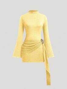 Sweetra Plus Size Women's Stand Collar Flare Sleeve Asymmetric Metal Buckle Dress - Light Yellow - View 1