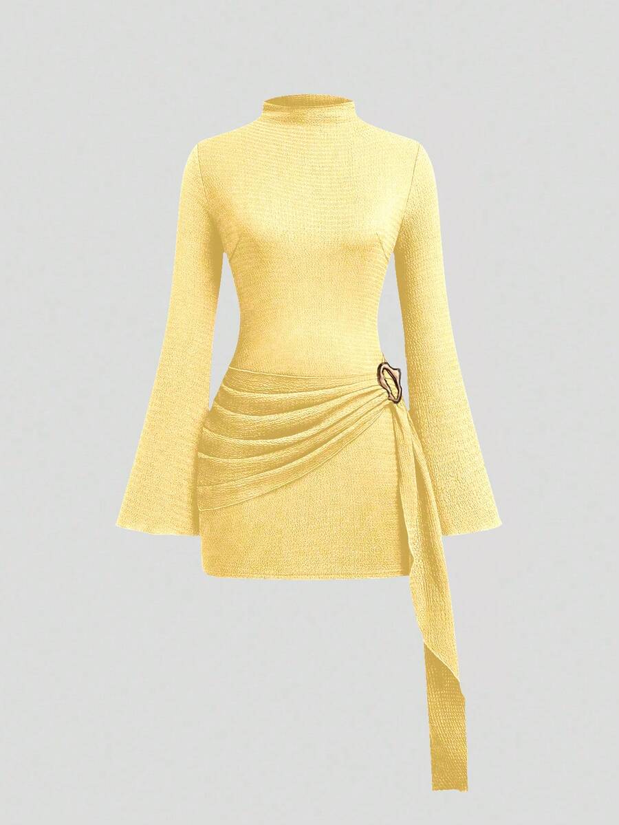 Sweetra Plus Size Women's Stand Collar Flare Sleeve Asymmetric Metal Buckle Dress - Light Yellow - View 1