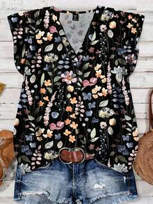 EMERY ROSE Plus Size Women V-Neck All-Over Print Casual Minimalist Shirt, Suitable For Summer - Multicolor - View 1