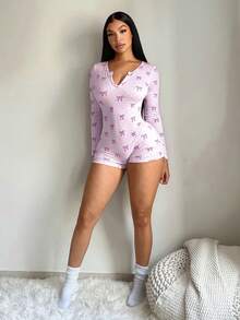 SHEIN SXY 女士性感休闲粉色波点蝴蝶结印花弹力连体裤，舒适针织短裤，家居服女士连体衣粉色蝴蝶结连体衣 - 紫色 - 查看 6