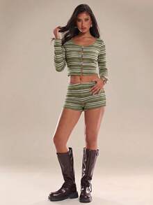 Avantive 女士条纹长袖上衣和短裤两件套休闲装 - 綠色 - 查看 5