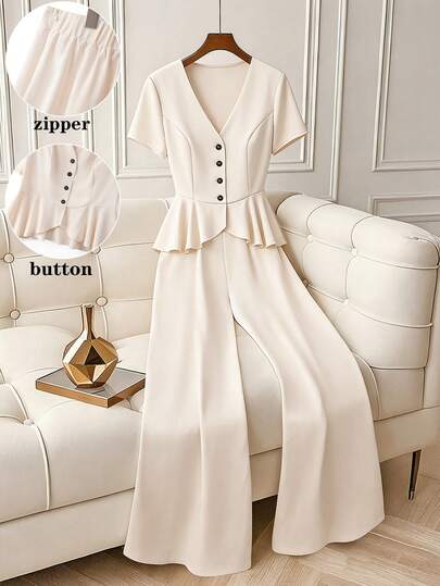 GlowEve CURVE 大码纯色装饰纽扣腰身优雅休闲女式衬衫和直筒裤套装，春夏款