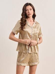 LuxeNights Leopard Jacquard Contrast Piping Satin Blouse & Shorts PJ Set / Pajama Set - Army Green - View 5