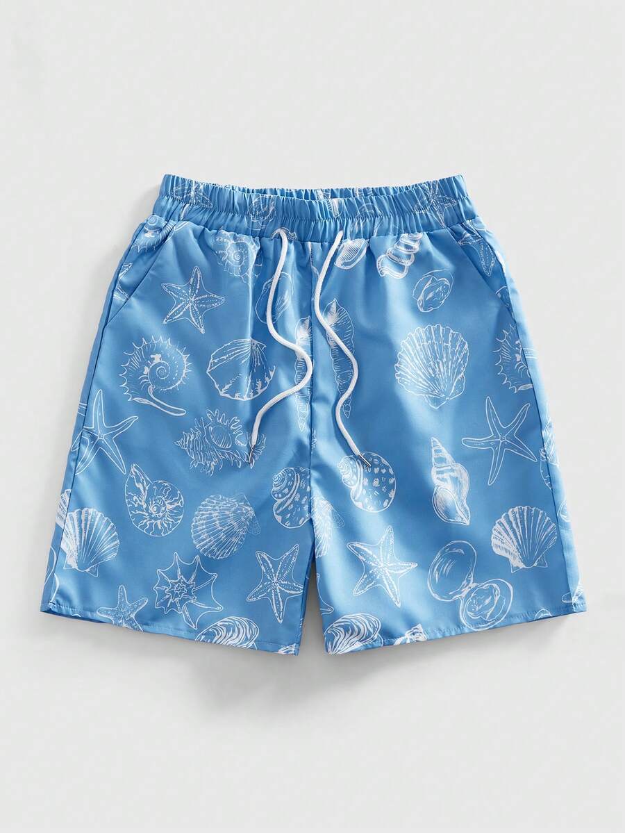 ROMWE MEN Men's Casual Vacation Starfish & Shell Print Shorts - Blue - View 1