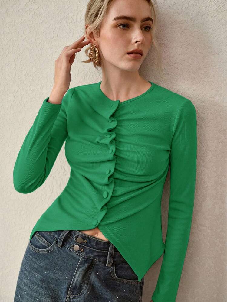 WOMEN'S RUCHED KNIT LONG SLEEVE T-SHIRT TOP, AUTUMN/WINTER