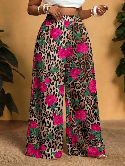 Veslaya 2026 Primavera/Verano Nuevas Llegadas Pantalones Holgados de Talla Grande para Mujeres con Estampado de Rosas y Leopardo, Adecuados para Vacaciones, Uso Casual, Playa, Fiesta de Fogata