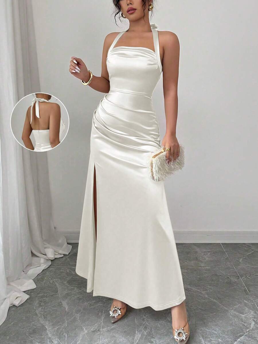 SHEIN Raffinéa Đầm ôm sát màu sâm panh thanh lịch, chất liệu satin co giãn, xẻ tà cao. - trắng - Xem 1