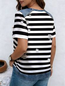 EMERY ROSE Printed Striped Pattern Patchwork Round Neck Short Sleeve Casual Plus Size T-Shirt, Spring - Multicolor - View 2