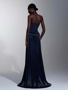 Elitara 优雅奢华的露背雪纺拼接A字型长裙，适合参加节日、婚礼、晚宴、音乐会、商务活动、社交媒体达人活动等场合。 - 藍色 - 查看 2