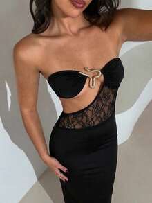 Aloruh 女士夏季新款纯黑色无肩带连衣裙，性感镂空蕾丝拼接连衣裙，现代金属装饰连衣裙，夏季套装，海滩度假连衣裙，波西米亚热带风情度假装 - 黑色 - 查看 10