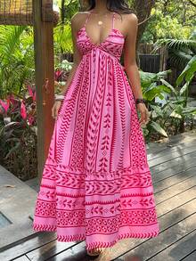 SHEIN PETITE Đầm dài buộc nơ cổ yếm in họa tiết boho đa năng dành cho nữ, thích hợp cho kỳ nghỉ hè. - Nhiều màu - Xem 3