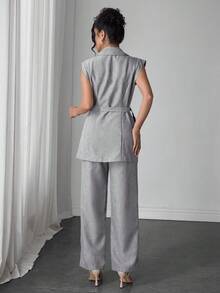 Modelyn 女款夏季灰色秋季商務休閒辦公套裝，竹結側綁腰優雅兩件式套裝，現代職場亞麻西裝套裝 - 銀色 - 查看 2