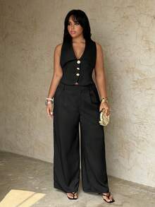 Rustia Plus Size Black And Gold Metal Decor Vest & Slim Fit Suit Pants,Summer Elegant Night Out Club Office Lady Commute Work Wear 2 Pieces Set - Black - View 6
