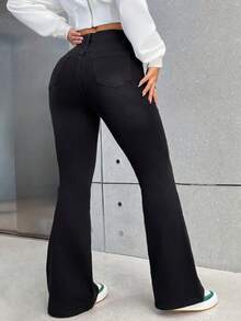 SHEIN PETITE 夏季小码女式低腰修身喇叭牛仔裤 高腰黑色破洞喇叭牛仔裤 女式破洞毛边靴型牛仔裤 深灰色牛仔裤 女式黑色牛仔裤 黑色裤子 小码女装 黑色裤子 女式高腰喇叭牛仔裤 乡村音乐会服装 喇叭修身牛仔裤 - 黑色 - 查看 2