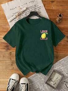 女士圆领字母柠檬印花休闲百搭日常短袖T恤 - 軍綠色 - 查看 2