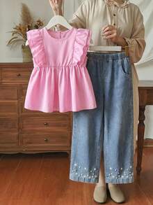 SHEIN Vintaside Kids Ținută simplă nouă pentru fete Tween primăvară/vară, bluză albă fără mâneci cu volane, în culoarea unuii, asortată cu pantaloni casual din denim cu mărgele albe, set de 2 piese, potrivită pentru ținute de primăvară/vară, elegante, naveta, școala, vacanța, petrecerea, sărbătoarea - Roz - Vizualizare 8