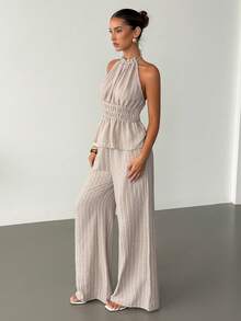 Siren Gaze Women's Light Beige Striped Halter Two Piece Set,Smocked Peplum Top & High Waist Wide Leg Pocketed Pants,Linen Summer Elegant Vacation Co-Ord - Apricot - View 6