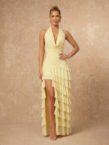 Lumalex 女士纯色深V领系带露背开衩优雅腰身连衣裙，适合派对穿着 - 淡黃色 - 查看 8