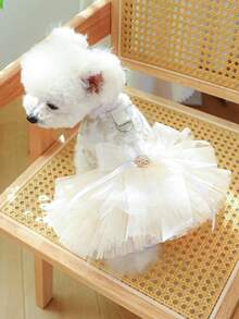 PETSIN 1pc Pet Luxury Princess Wedding Dress With Gold Flower Embroidery And Pearl Bow Decoration Dress, Spring/Summer Thin Style With Traction D-Button Cat/Dog Clothes - White - View 11