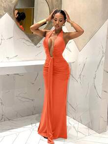 Slaydiva 2025新款优雅深V领美人鱼连衣裙，适合派对、生日、酒吧、夜店、情人节、万圣节、圣诞节等场合 - 棕色 - 橘色 - 查看 6