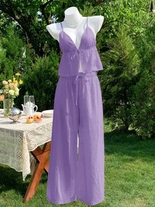 Comfortcana Women's Linen Sleeveless Top And Pants 2 Pieces Set, Summer - Purple - View 3