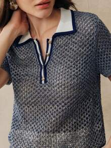 Anewsta 女士撞色亚麻镂空针织Polo衫，复古领短袖上衣，春夏款 - 藏蓝色 - 查看 8