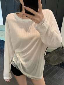 DAZY 女款二合一蕾丝拼布长袖宽松长款T恤，适合春季和秋季服装 - 白色 - 查看 4