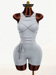 Mistrie Summer New Casual Street Tie-Up Sleeveless Slim Jumpsuit, Suitable For Yoga, Running, Women Tight Jumpsuit - Light Grey - View 7