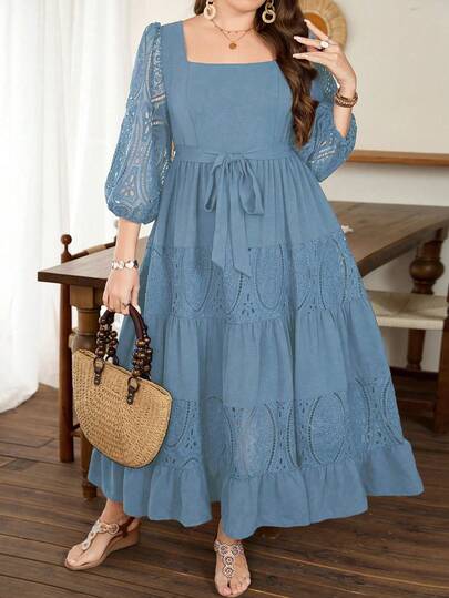 Modelyn Vestido elegante de talla grande para mujer con cuello cuadrado, mangas farol, cintura con lazo, bajo con volantes y parches bordados