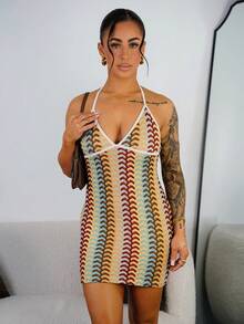 SAYEHFBABY Damen bunte Jacquard-Strick Kontrast-Farbe Rippkante Neckholder rückenfreies Tief-V-Ausschnitt Mini Strandkleid, Boho Kleidung Damen Party - Verschiedenfarbig - Übersicht 6