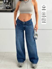 SHEIN Women's Pocketed Wide Leg Loose Casual Sexy Versatile Jeans Swimming Pastal - Medium Wash - View 1